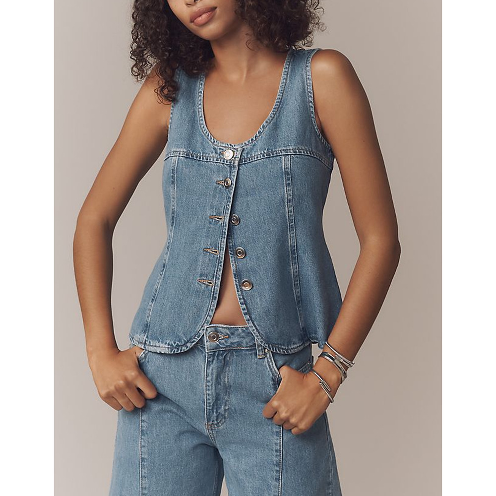 Aligne 'Ariella' Blue Cotton Button-Front Denim Tank Top Size 2